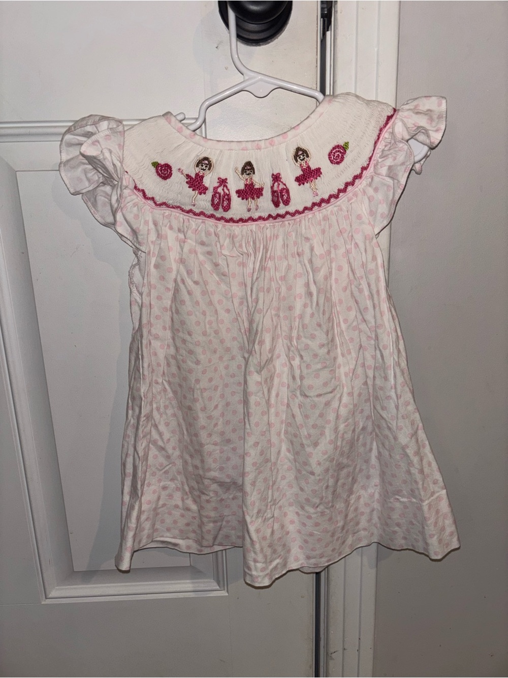 White and Pink Smocked Ballerina Dot Dress for Girls